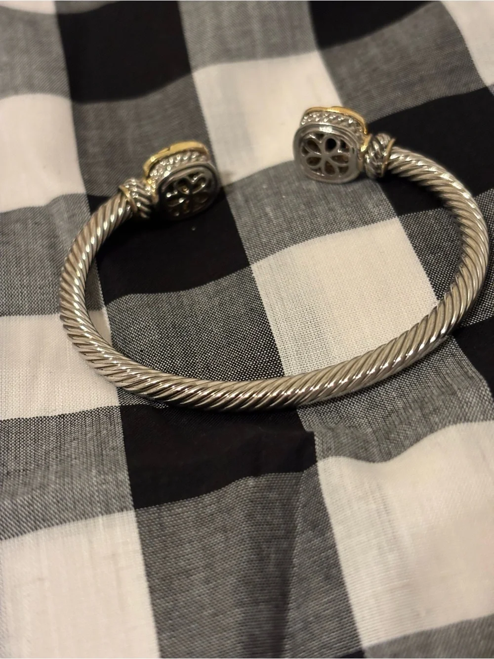 Silver Two-Tone Open Cuff Bracelet with Black Stone Ends
